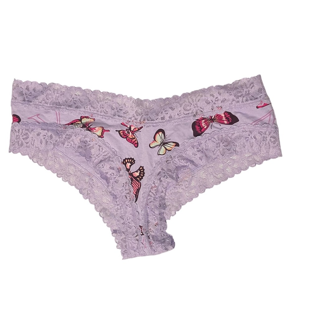 New Victorias Secret VS Cheeky Panties Cotton Lace Medium Purple Butterfly Print